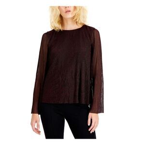 ALFANI Womens Red Sheer Textured Lined Pouf Sleeve Round Neck Wear To Work Top S